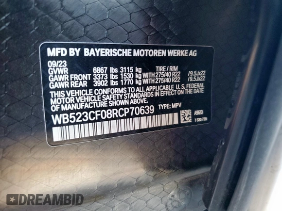 2024 BMW iX xDrive50 z VIN WB523CF08RCP70639, wystawiony jako Copart lot #46369565 z przebiegiem 13 783 mil mil oraz Czysty tytuł • Clean title. Historia ofert i sprzedaży dostępna na DreamBid. Obrazek 14.