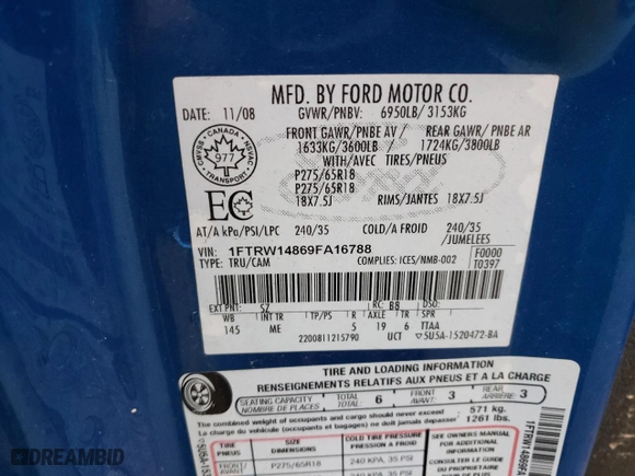 2009 Ford F-150 XL with VIN 1FTRW14869FA16788, listed as a Copart auction lot 50328795 with 307,921 mi miles and Clean Title. Bid and sale history available at carsss.com. Image 13.