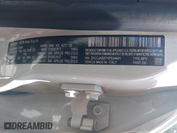 2017 Jeep Renegade Latitude with VIN ZACCJABB7HPE44481, listed as a IAAI auction lot 42382332 with 104,052 mi miles and . Bid and sale history available at DreamBid. Image 9.