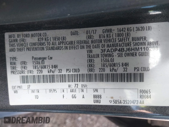 2017 Ford Fiesta SE with VIN 3FADP4BJ6HM110298, listed as a IAAI auction lot 41939421 with 145,934 mi miles. Bid and sale history available at carsss.com. Image 9.