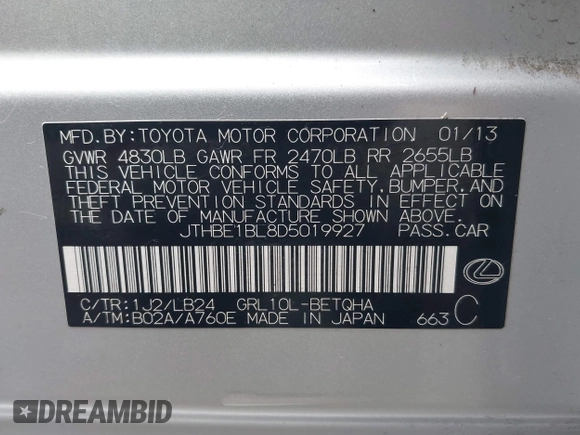 2013 Lexus GS 350 z VIN JTHBE1BL8D5019927, wystawiony jako IAAI lot #41174621 z przebiegiem 115 401 mil mil oraz . Historia ofert i sprzedaży dostępna na DreamBid. Obrazek 9.