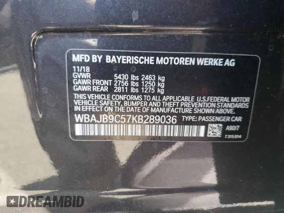 2019 BMW 5 Series M550i xDrive with VIN WBAJB9C57KB289036, listed as a Copart auction lot 86292134 with 28,103 mi miles and Salvage title. Bid and sale history available at DreamBid. Image 12.