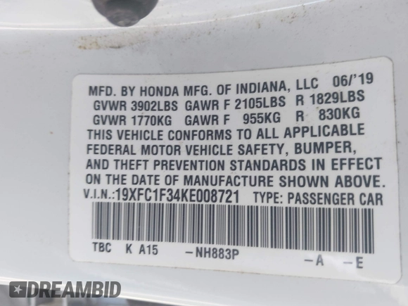 2019 Honda Civic Sedan EX with VIN 19XFC1F34KE008721, listed as a IAAI auction lot 41845651 with 80,991 mi miles. Bid and sale history available at carsss.com. Image 9.