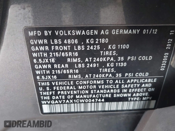 2012 Volkswagen Tiguan SEL with VIN WVGAV7AX1CW004744, listed as a IAAI auction lot 41924952 with 100,964 mi miles and . Bid and sale history available at DreamBid. Image 9.