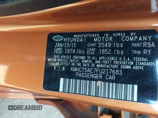 2015 Hyundai Accent GS with VIN KMHCT5AE7FU217683, listed as a IAAI auction lot 41946043 with 110,409 mi miles. Bid and sale history available at carsss.com. Image 9.