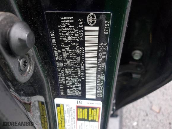 2019 Toyota Camry LE with VIN 4T1B11HK2KU222936, listed as a Copart auction lot 51669875 with 89,223 mi miles and Salvage Title. Bid and sale history available at carsss.com. Image 14.