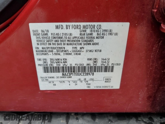 2018 Ford EcoSport SE z VIN MAJ3P1TE0JC228978, wystawiony jako Copart lot #52377845 z przebiegiem 70 845 mil mil oraz Szkoda całkowita • Salvage title. Historia ofert i sprzedaży dostępna na DreamBid. Obrazek 14.