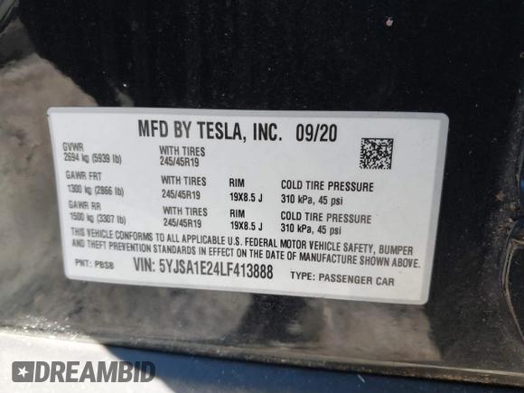2020 Tesla Model S Long Range with VIN 5YJSA1E24LF413888, listed as a IAAI auction lot 41214903 with 42,711 mi miles and . Bid and sale history available at DreamBid. Image 9.