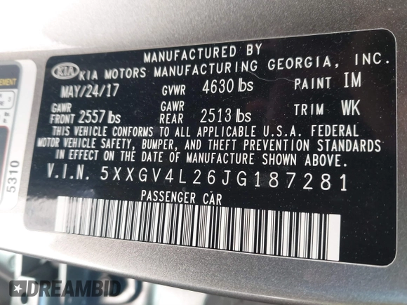 2018 Kia Optima SX with VIN 5XXGV4L26JG187281, listed as a IAAI auction lot 41887939 with 124,782 mi miles and . Bid and sale history available at DreamBid. Image 9.