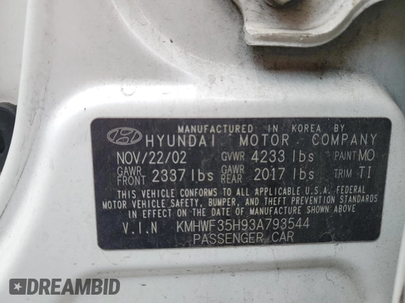 2003 Hyundai Sonata GLS with VIN KMHWF35H93A793544, listed as a Copart auction lot 85583914 with 122,802 mi miles and Salvage Title. Bid and sale history available at carsss.com. Image 12.