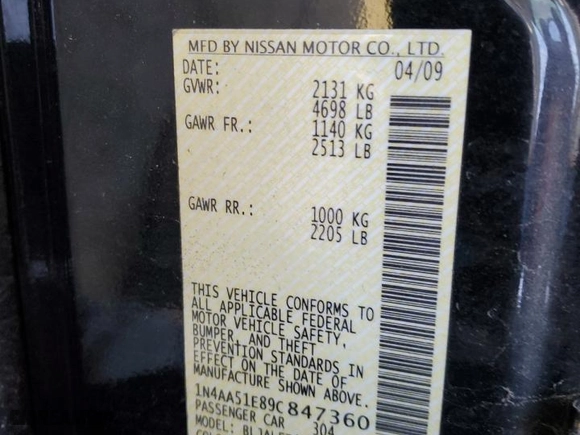 2009 Nissan Maxima 3.5 S with VIN 1N4AA51E89C847360, listed as a Copart auction lot 88412435 with 141,520 mi miles and Salvage Title. Bid and sale history available at carsss.com. Image 12.