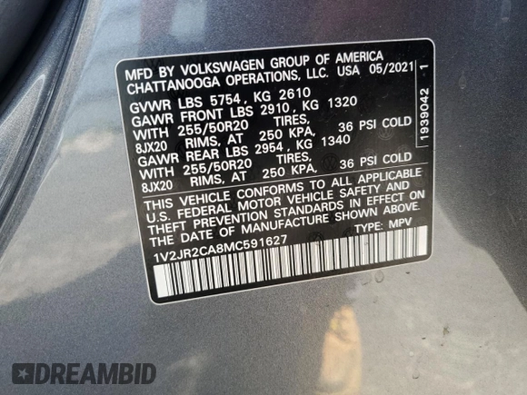 2021 Volkswagen Atlas SE with VIN 1V2JR2CA8MC591627, listed as a Copart auction lot 57173165 with 39,625 mi miles and Salvage title. Bid and sale history available at DreamBid. Image 13.
