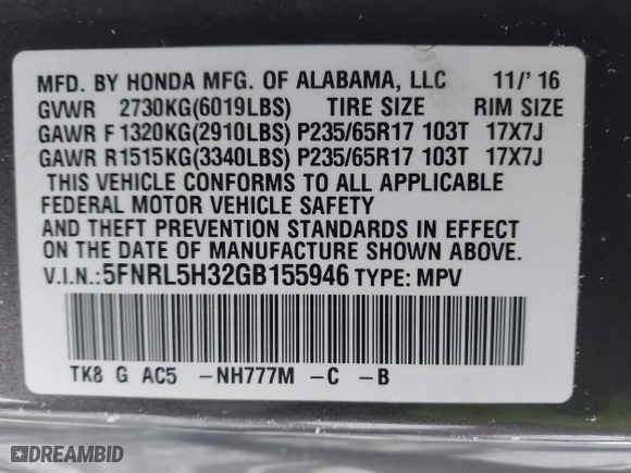 2016 Honda Odyssey SE with VIN 5FNRL5H32GB155946, listed as a IAAI auction lot 41590237 with 140,167 mi miles. Bid and sale history available at carsss.com. Image 9.