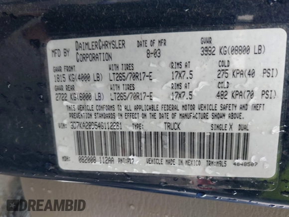 2004 Dodge Ram 2500 SLT with VIN 3D7KA28D54G112261, listed as a IAAI auction lot 41836032 with 199,289 mi miles. Bid and sale history available at carsss.com. Image 9.