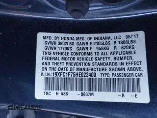 2017 Honda Civic Sedan EX-L with VIN 19XFC1F75HE022400, listed as a IAAI auction lot 41677489 with 157,237 mi miles. Bid and sale history available at carsss.com. Image 9.