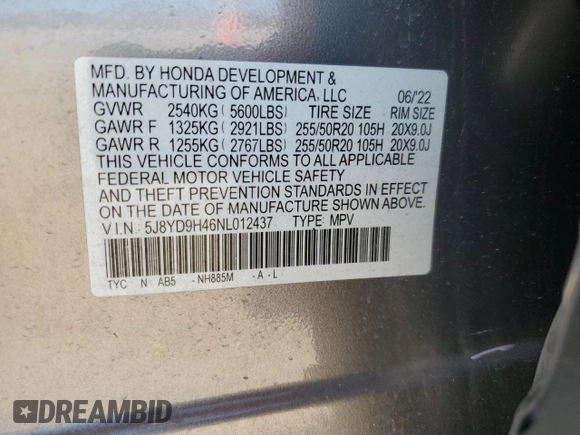 2022 Acura MDX w/Technology Package with VIN 5J8YD9H46NL012437, listed as a Copart auction lot 80527364 with 34,716 mi miles and Salvage Title. Bid and sale history available at carsss.com. Image 14.