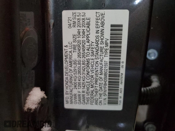 2021 Honda Passport Elite z VIN 5FNYF8H05MB021597, wystawiony jako Copart lot #44463515 z przebiegiem Nie podano mil oraz Szkoda całkowita • Salvage title. Historia ofert i sprzedaży dostępna na DreamBid. Obrazek 16.