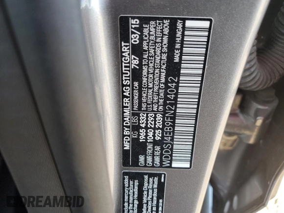 2015 Mercedes-Benz CLA 250 with VIN WDDSJ4EB9FN214042, listed as a Copart auction lot 60831943 with 70,164 mi miles and . Bid and sale history available at DreamBid. Image 14.