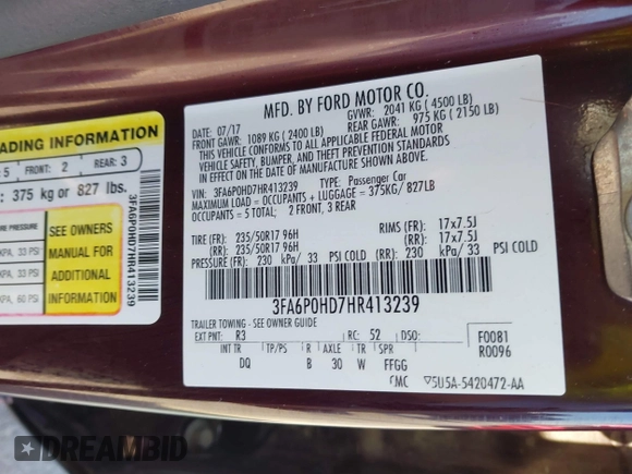 2017 Ford Fusion SE with VIN 3FA6P0HD7HR413239, listed as a IAAI auction lot 41971985 with 99,068 mi miles and . Bid and sale history available at DreamBid. Image 9.