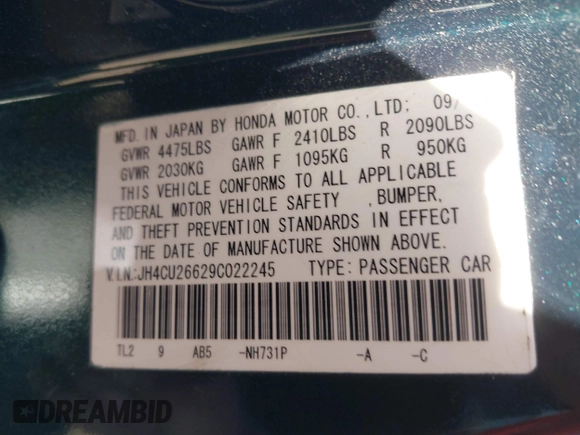 2009 Acura TSX with VIN JH4CU26629C022245, listed as a IAAI auction lot 42154263 with 141,753 mi miles. Bid and sale history available at carsss.com. Image 9.