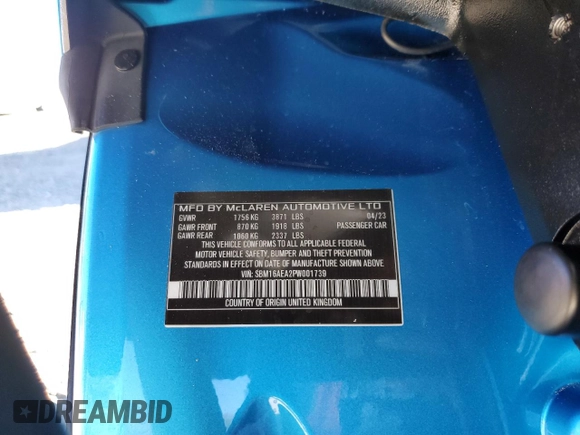 2023 McLaren Artura z VIN SBM16AEA2PW001739, wystawiony jako Copart lot #81910384 z przebiegiem 3871 mil mil oraz Szkody całkowita. Historia ofert i sprzedaży dostępna na DreamBid. Obrazek 13.