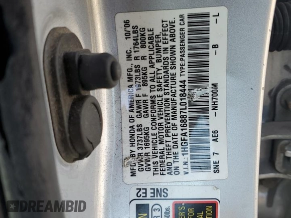 2007 Honda Civic EX with VIN 1HGFA16887L018444, listed as a Copart auction lot 42283955 with 247,409 mi miles and Salvage Title. Bid and sale history available at DreamBid. Image 12.