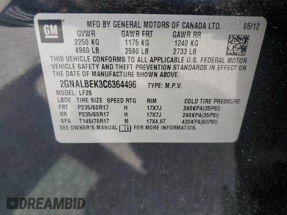 2012 Chevrolet Equinox LS with VIN 2GNALBEK3C6364496, listed as a Copart auction lot 56724295 with 131,605 mi miles and Clean Title. Bid and sale history available at DreamBid. Image 13.