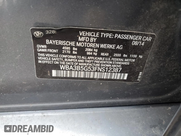 2015 BMW 3 Series 328i xDrive with VIN WBA3B5G53FNS12387, listed as a Copart auction lot 51802455 with 93,173 mi miles and Salvage Title. Bid and sale history available at carsss.com. Image 12.