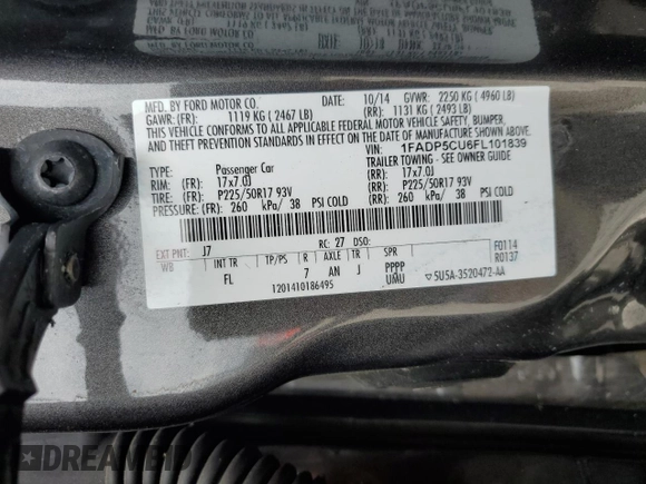 2015 Ford C-Max SEL with VIN 1FADP5CU6FL101839, listed as a Copart auction lot 53631355 with 53,593 mi miles and Salvage Title. Bid and sale history available at DreamBid. Image 13.