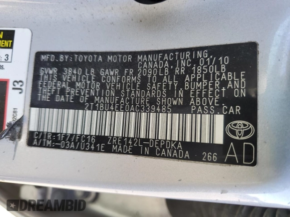 2010 Toyota Corolla with VIN 2T1BU4EE0AC339485, listed as a Copart auction lot 49982025 with 146,410 mi miles and Non repairable. Bid and sale history available at DreamBid. Image 12.