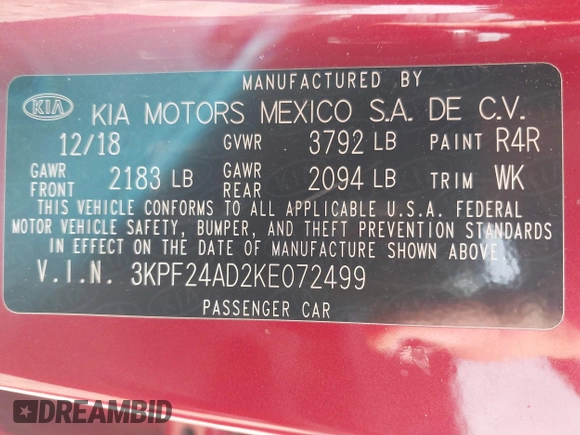 2019 Kia Forte LXS z VIN 3KPF24AD2KE072499, wystawiony jako IAAI lot #42172434 z przebiegiem 111 881 mil mil oraz . Historia ofert i sprzedaży dostępna na DreamBid. Obrazek 9.