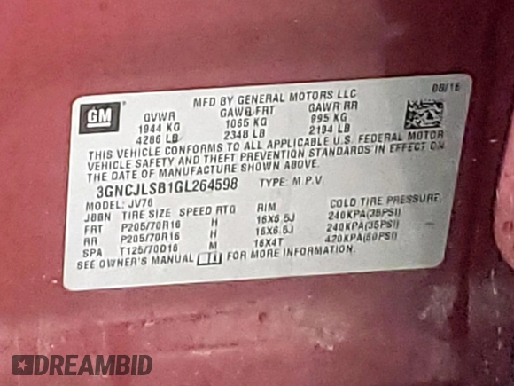 2016 Chevrolet Trax LT z VIN 3GNCJLSB1GL264598, wystawiony jako Copart lot #55267145 z przebiegiem 97 675 mil mil oraz Szkoda całkowita • Salvage title. Historia ofert i sprzedaży dostępna na DreamBid. Obrazek 12.