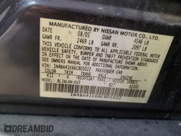 2006 Nissan Maxima 3.5 SE with VIN 1N4BA41E66C805022, listed as a Copart auction lot 85999344 with 142,911 mi miles and Salvage Title. Bid and sale history available at carsss.com. Image 14.