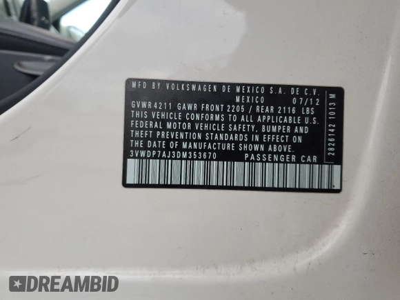 2013 Volkswagen Jetta Sedan SE with VIN 3VWDP7AJ3DM353670, listed as a Copart auction lot 81946434 with 175,983 mi miles and Salvage Title. Bid and sale history available at carsss.com. Image 12.