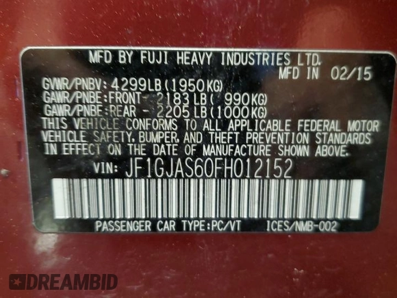 2015 Subaru Impreza Limited with VIN JF1GJAS60FH012152, listed as a Copart auction lot 59103125 with 131,507 mi miles and Salvage title. Bid and sale history available at DreamBid. Image 13.