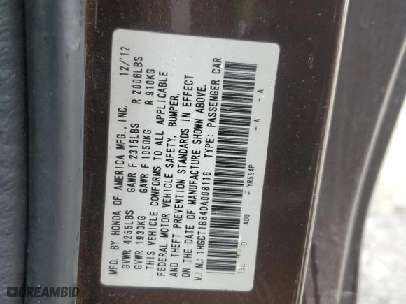 2013 Honda Accord Cpe EX-L with VIN 1HGCT1B84DA008116, listed as a Copart auction lot 45711625 with NaN miles and Salvage Title. Bid and sale history available at carsss.com. Image 12.