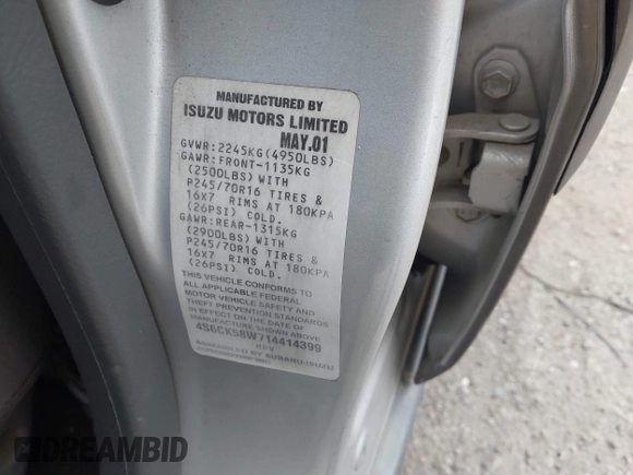 2001 Honda Passport LX z VIN 4S6CK58W714414399, wystawiony jako IAAI lot #41641270 z przebiegiem 203 093 mil mil oraz . Historia ofert i sprzedaży dostępna na DreamBid. Obrazek 9.