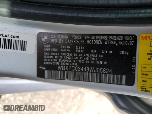 2008 BMW X3 3.0si with VIN WBXPC93448WJ05824, listed as a Copart auction lot 51769025 with 111,121 mi miles and Salvage Title. Bid and sale history available at carsss.com. Image 13.