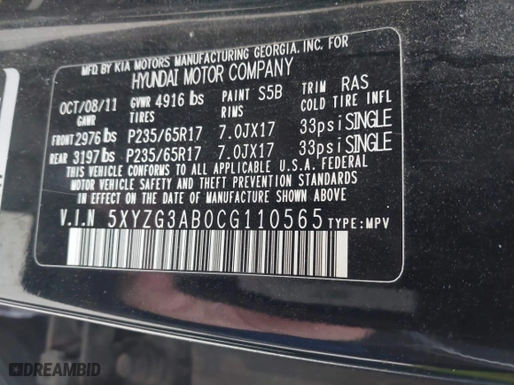 2012 Hyundai Santa Fe GLS with VIN 5XYZG3AB0CG110565, listed as a IAAI auction lot 41914537 with 332,922 mi miles. Bid and sale history available at carsss.com. Image 9.