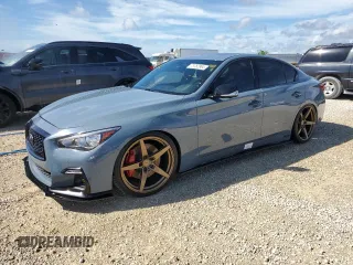 2021 Infiniti Q50 Red Sport 400 with VIN JN1FV7DP2MM850371, listed as a Copart auction lot 73762964 with 49,874 mi miles and Salvage Title. Bid and sale history available at DreamBid. Image 1.