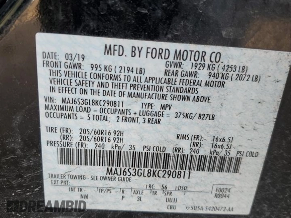 2019 Ford EcoSport SE with VIN MAJ6S3GL8KC290811, listed as a Copart auction lot 50041145 with 54,667 mi miles and Salvage Title. Bid and sale history available at carsss.com. Image 15.