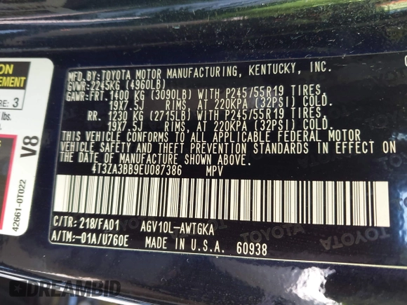 2014 Toyota Venza LE with VIN 4T3ZA3BB9EU087386, listed as a IAAI auction lot 42422872 with 115,803 mi miles and . Bid and sale history available at DreamBid. Image 9.