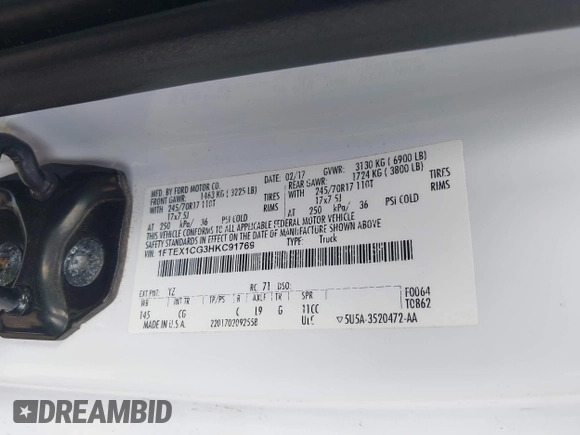 2017 Ford F-150 XL z VIN 1FTEX1CG3HKC91769, wystawiony jako IAAI lot #41191472 z przebiegiem 113 897 mil mil oraz . Historia ofert i sprzedaży dostępna na DreamBid. Obrazek 9.
