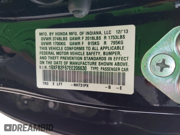 2014 Honda Civic Sedan LX with VIN 19XFB2F57EE206630, listed as a IAAI auction lot 42114435 with 188,468 mi miles. Bid and sale history available at carsss.com. Image 9.