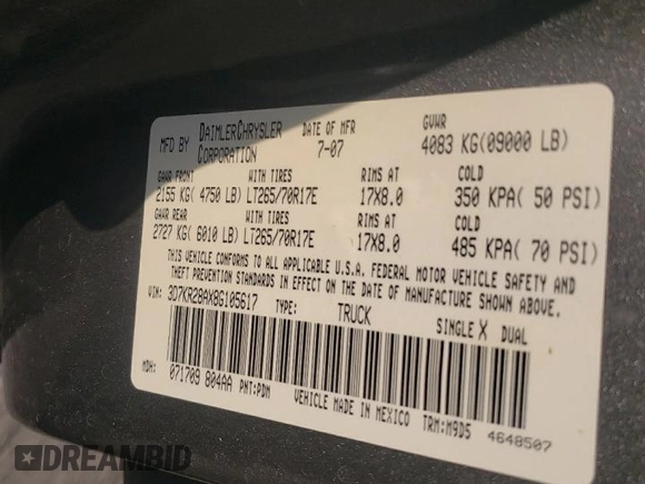 2008 Dodge Ram 2500 SLT with VIN 3D7KR28AX8G105617, listed as a Copart auction lot 82131614 with 160,487 mi miles and Salvage Title. Bid and sale history available at carsss.com. Image 12.