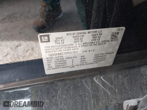 2016 Chevrolet Tahoe LT z VIN 1GNSKBKC7GR331631, wystawiony jako IAAI lot #42300624 z przebiegiem 73 126 mil mil oraz . Historia ofert i sprzedaży dostępna na DreamBid. Obrazek 9.