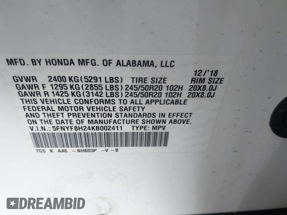 2019 Honda Passport Sport with VIN 5FNYF8H24KB002411, listed as a IAAI auction lot 42567249 with 60,154 mi miles and . Bid and sale history available at DreamBid. Image 9.