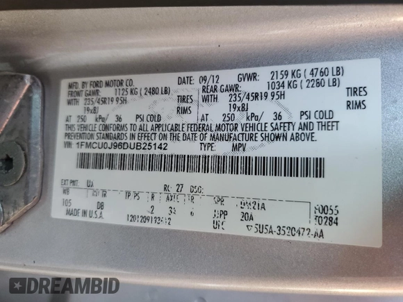 2013 Ford Escape Titanium с VIN 1FMCU0J96DUB25142, выставлен на аукционе Copart как лот 75759094 с пробегом 167 809 миль миль и Списание • Salvage title. История ставок и продаж доступна на DreamBid. Изображение 13.