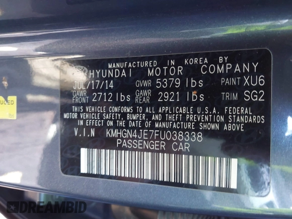 2015 Hyundai Genesis 3.8L with VIN KMHGN4JE7FU038338, listed as a IAAI auction lot 41062654 with 163,468 mi miles and . Bid and sale history available at DreamBid. Image 9.