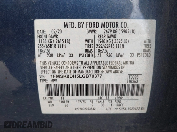 2020 Ford Explorer XLT z VIN 1FMSK8DH5LGB70377, wystawiony jako IAAI lot #41763798 z przebiegiem 88 582 mil mil oraz . Historia ofert i sprzedaży dostępna na DreamBid. Obrazek 9.
